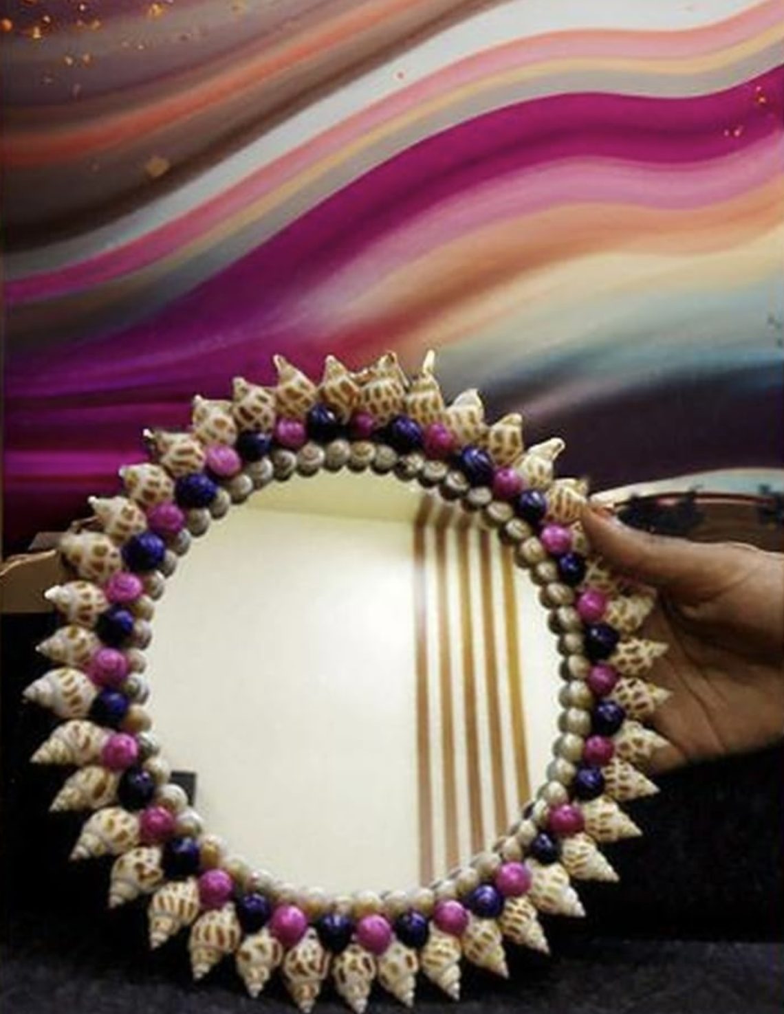 Wood Shell Decorative Designer Round Wall Hanging Mirror, Beige, Small 8 Inches